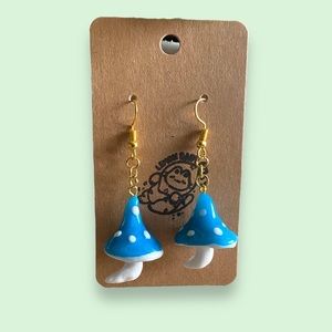 Handmade Blue Teal Mushroom Cottagecore Dangle Earrings - Polymer Clay and Resin